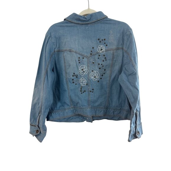 Avenue Jeans Light Wash Embroidered Rose Denim Jacket Size 14/16 Juniors Stretch - Picture 1 of 9
